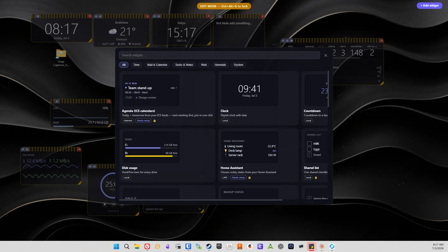 GlanceDock's widget picker open on a Windows 11 desktop in edit mode, showing a searchable library with category tabs and cards for Agenda, Clock, Countdown, Disk usage, Home Assistant and Shared list — each tagged Local, LAN or Internet.