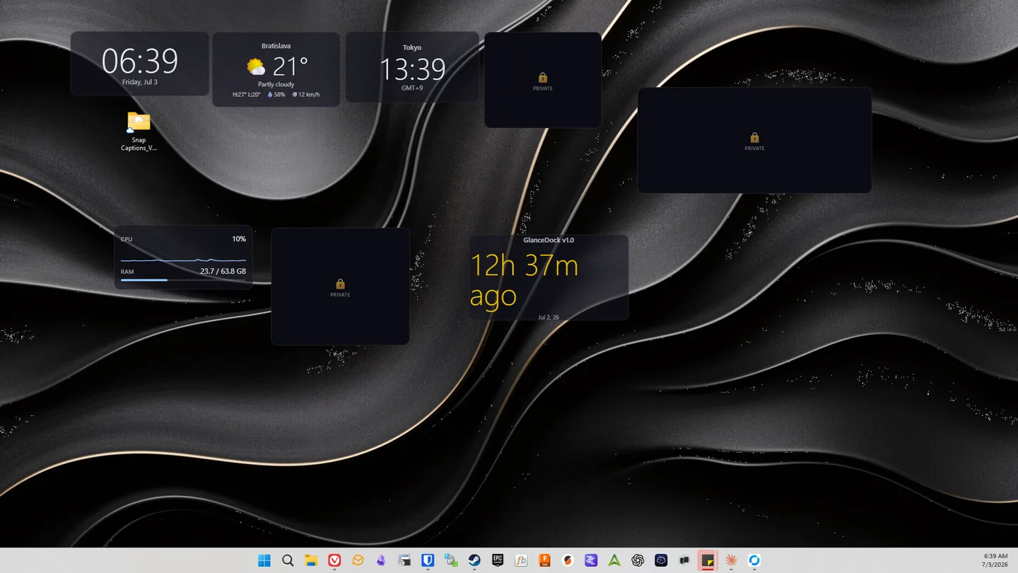 The same desktop with privacy mode on: personal widgets are replaced by dark tiles showing a padlock and the word PRIVATE, while the clock, weather, world clock and system monitor stay visible.